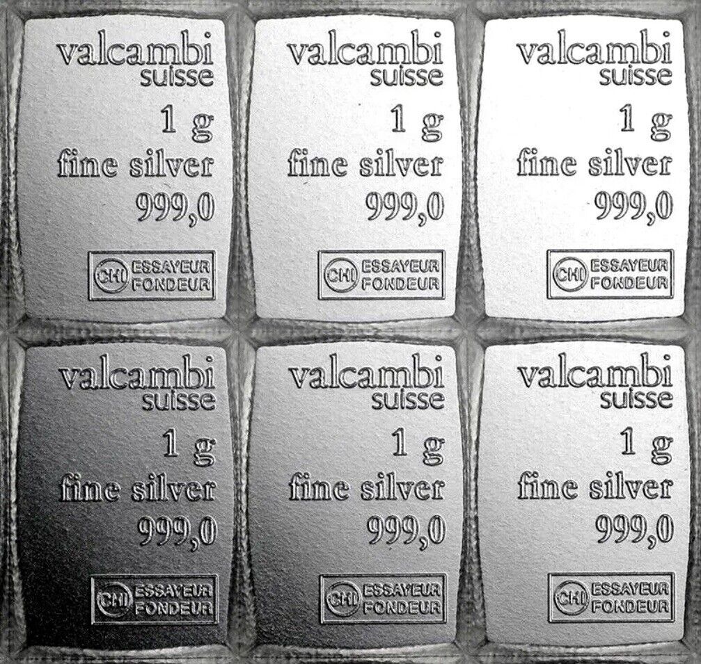 LOT 10 X 1 GRAM .999 FINE SILVER VALCAMBI COMBIBAR FROM BU SHEET OF 100