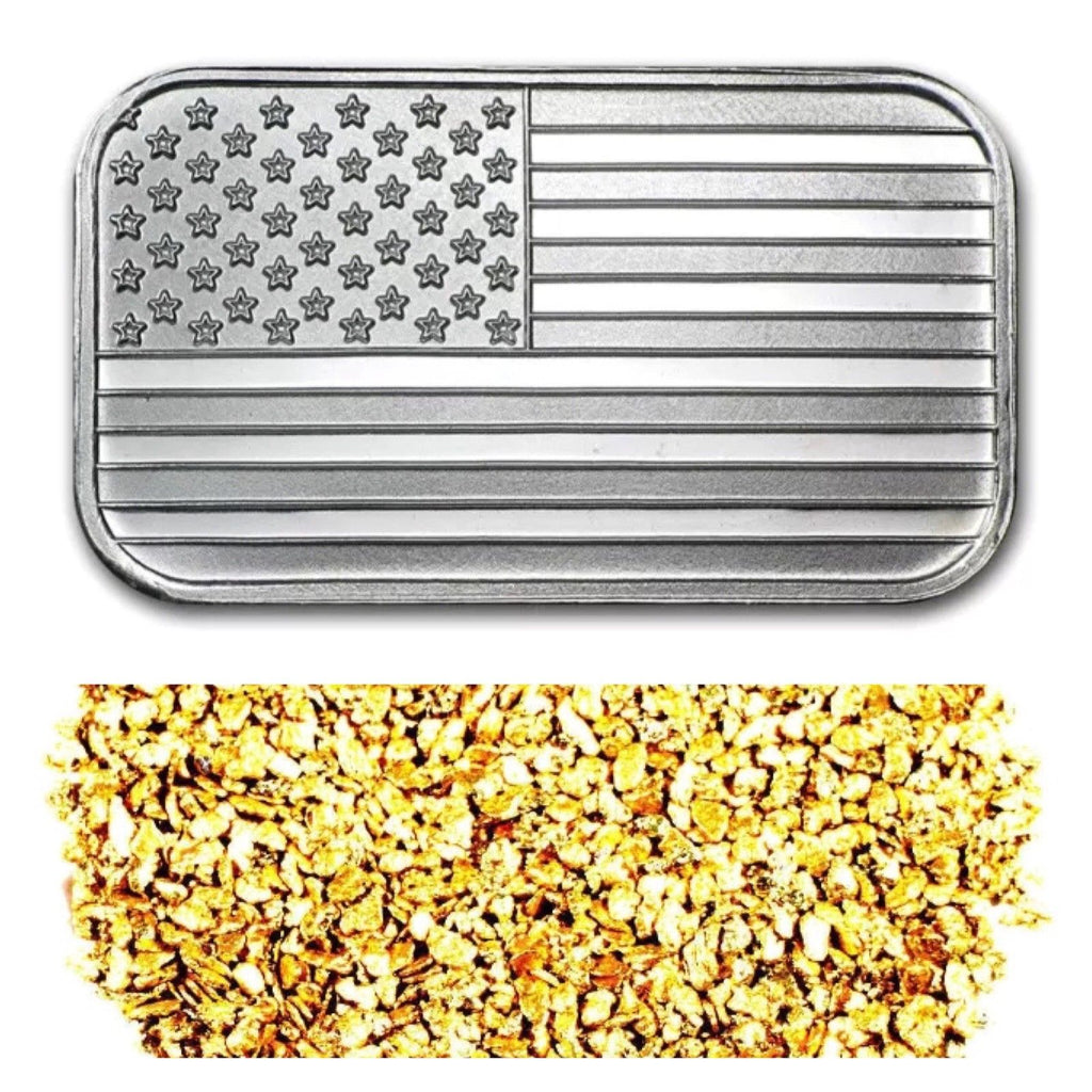 1 TROY OZ .999 SILVER AMERICAN FLAG BAR BU + 50 PIECE ALASKAN PURE GOLD NUGGETS - Liquidbullion