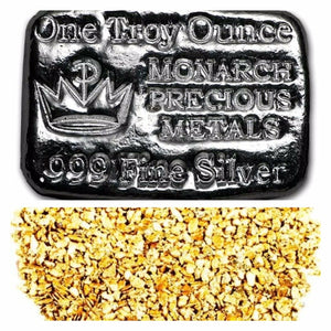 1 TROY OUNCE .999 SILVER MONARCH HAND POURED CROWN BAR + 50 PIECE ALASKAN PURE GOLD NUGGETS - Liquidbullion