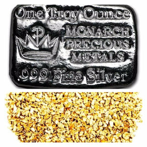 1 TROY OUNCE .999 SILVER MONARCH HAND POURED CROWN BAR + 10 PIECE ALASKAN PURE GOLD NUGGETS - Liquidbullion
