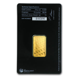 10 GRAM PERTH MINT .9999 FINE GOLD BAR IN ASSAY CARD BU