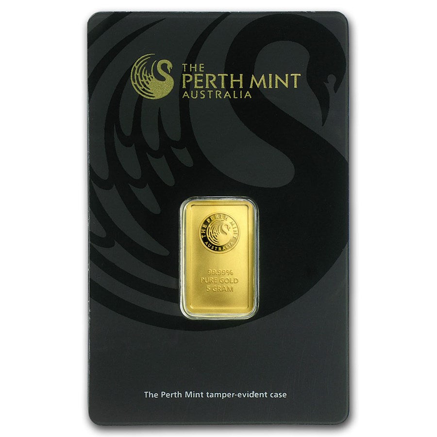 5 GRAM PERTH MINT .9999 FINE GOLD BAR IN ASSAY CARD BU