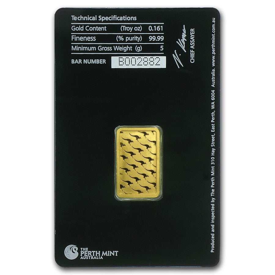 5 GRAM PERTH MINT .9999 FINE GOLD BAR IN ASSAY CARD BU