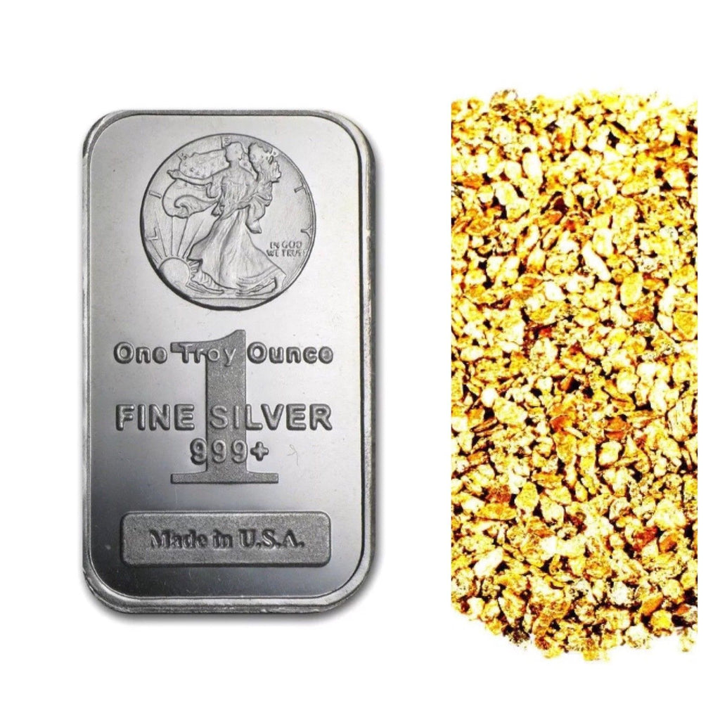 1 TROY OZ .999 SILVER WALKING LIBERTY BAR BU + 10 PIECE ALASKAN PURE GOLD NUGGETS - Liquidbullion