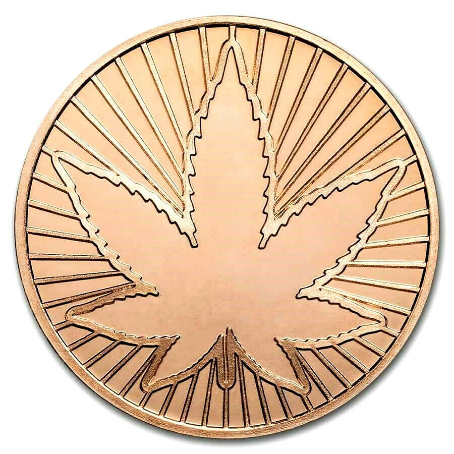 1 OZ .999 FINE COPPER CANNABIS 420 LEAF COIN BU