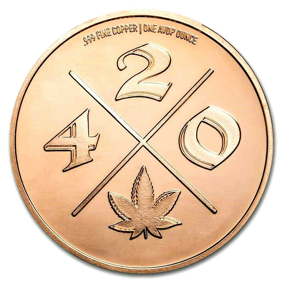 1 OZ .999 FINE COPPER CANNABIS 420 LEAF COIN BU