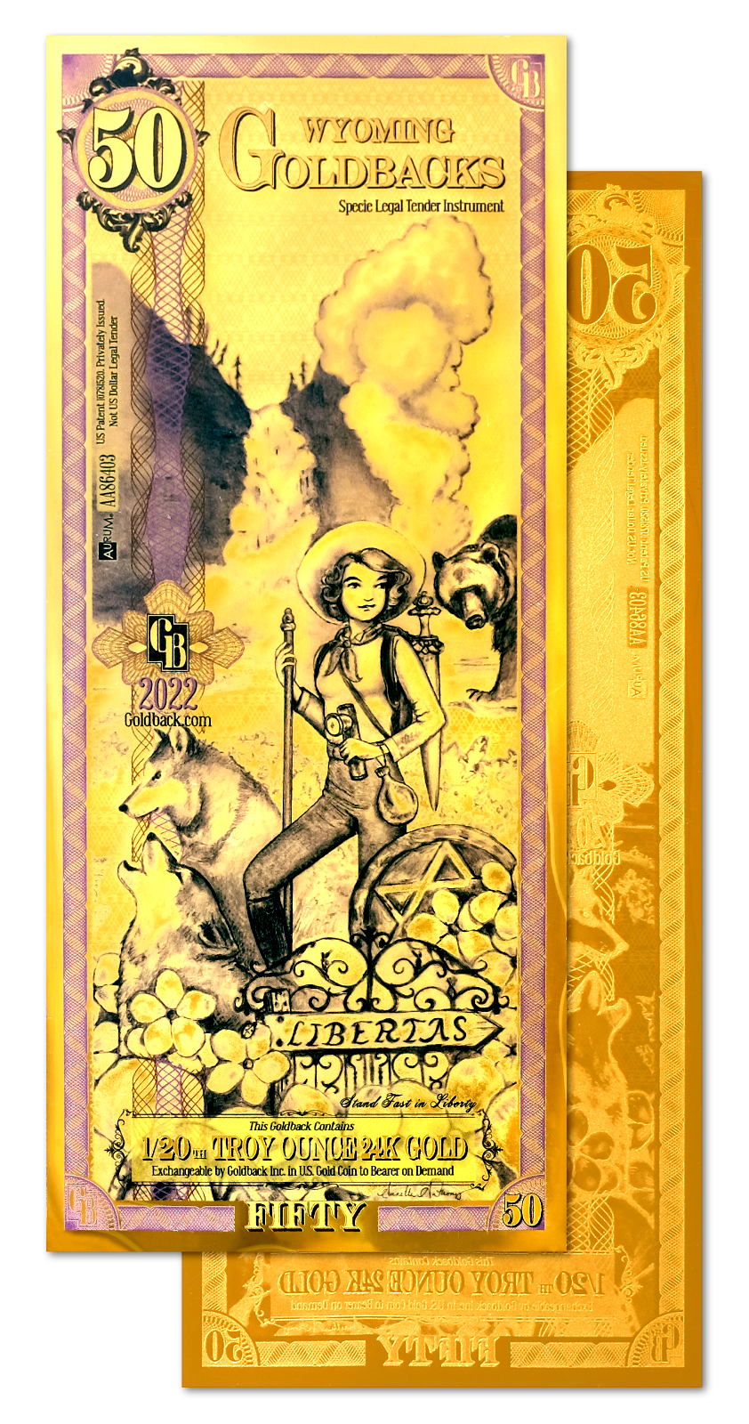 50 WYOMING GOLDBACK AURUM 24KT GOLD FOIL NOTE BU 1/20 OZ .999 FINE GOLD