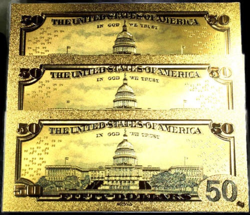 99.9% 24K gold 50 dollar bill US banknote in protective sleeve free shipping - Liquidbullion