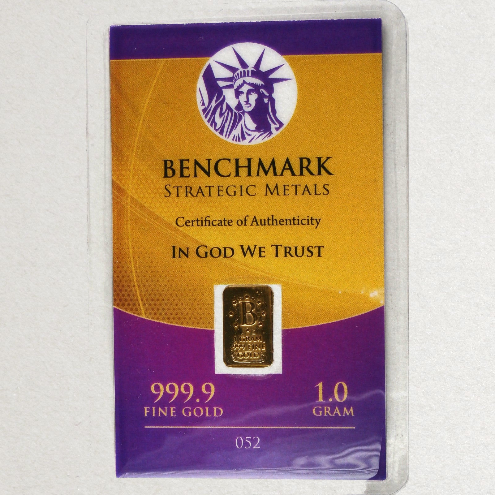 1 GRAM .999 FINE 24K GOLD BULLION “B” BAR - IN COA CARD