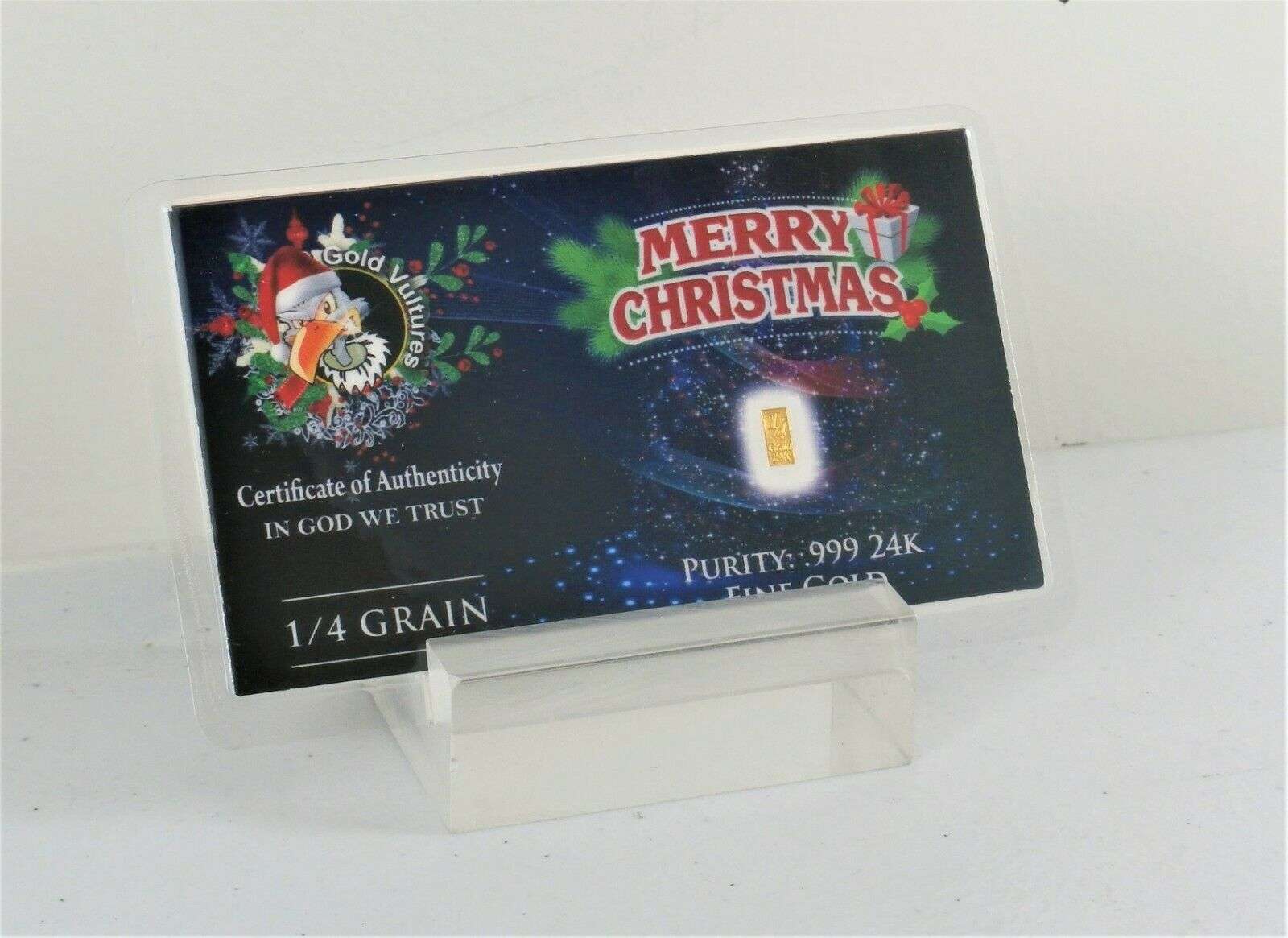 LOT 5 X 1/4 GRAIN .9999 FINE 24K GOLD BULLION BAR “GRINCHY GOLD VULTURE” CHRISTMAS - IN COA CARD