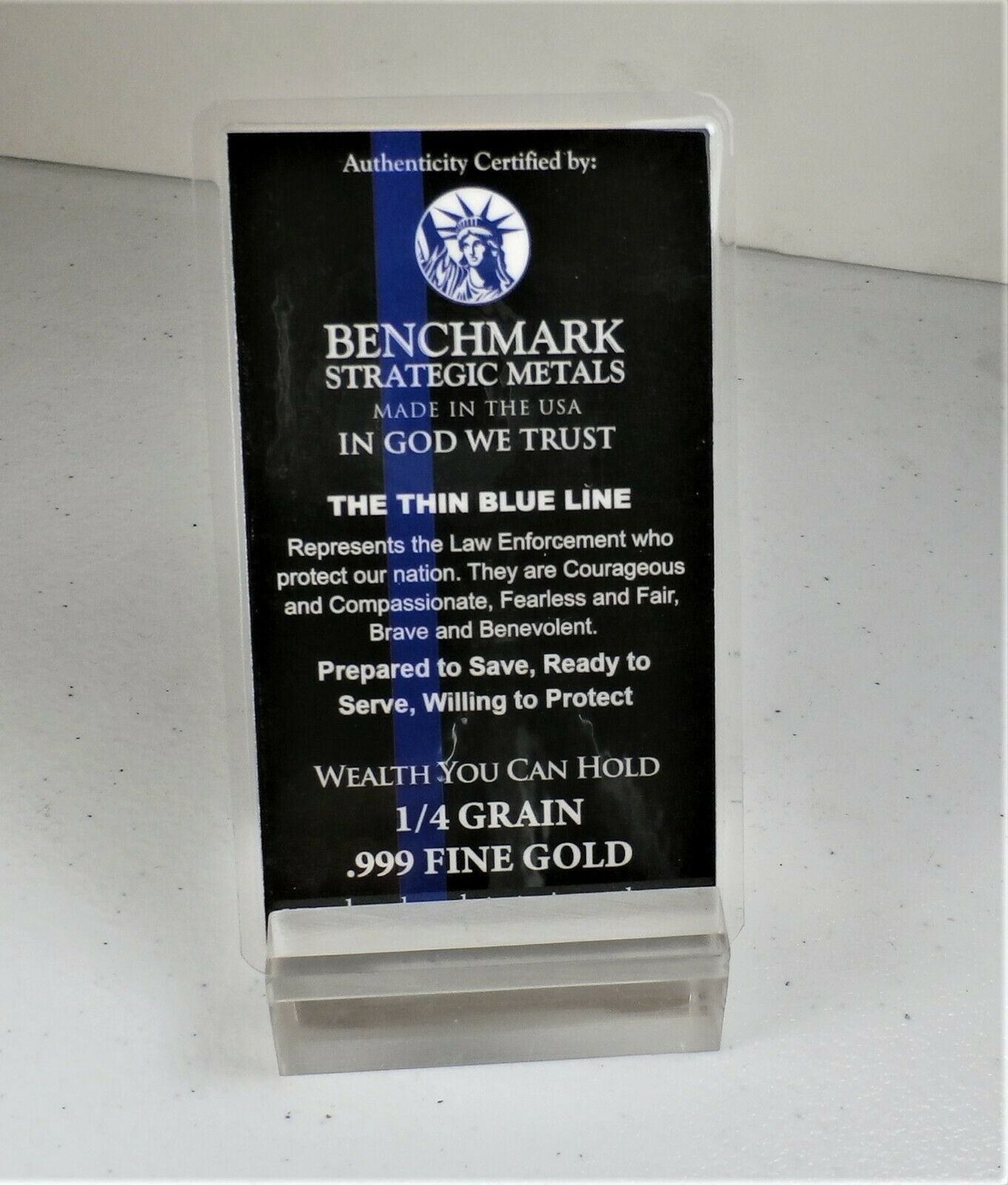 LOT 5 X 1/4 GRAIN .9999 FINE 24K GOLD BULLION BAR “THIN BLUE LINE LAW ENFORCEMENT” - IN COA CARD