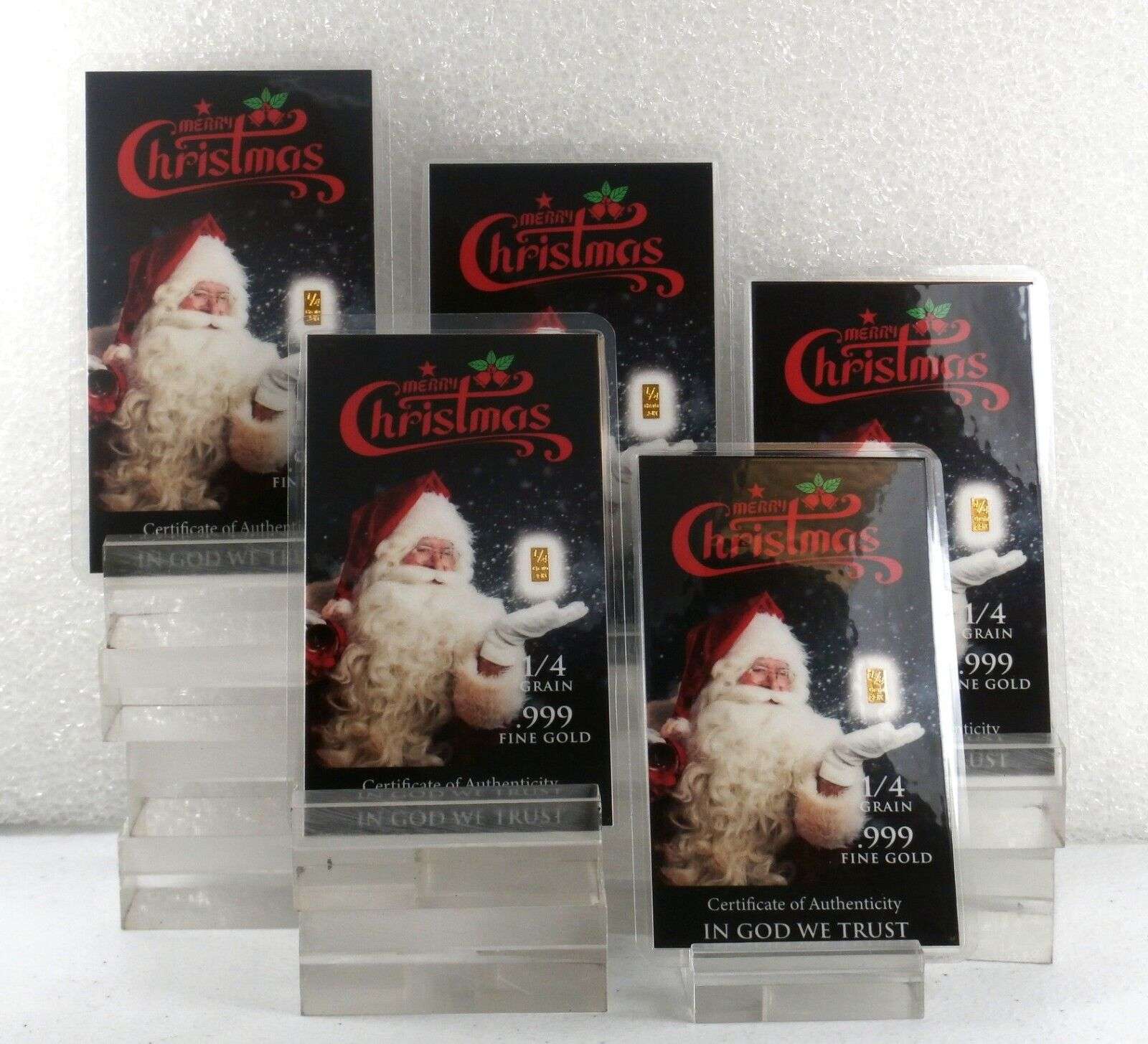 LOT 5 X 1/4 GRAIN .9999 FINE 24K GOLD BULLION BAR “MERRY CHRISTMAS SANTA” - IN COA CARD