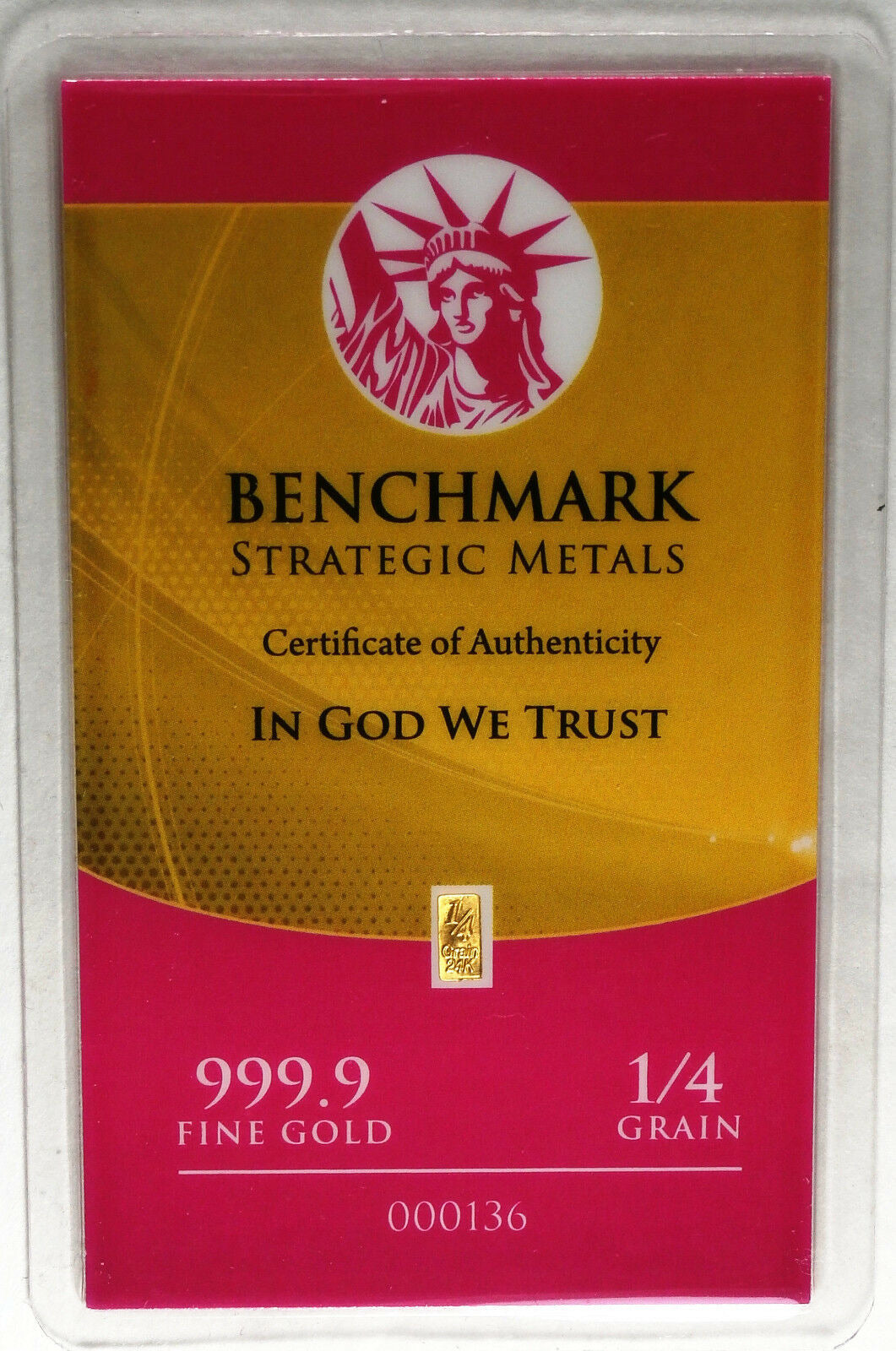 LOT 50 1/4 GRAIN .9999 FINE 24K GOLD BULLION BAR - IN COA CARD