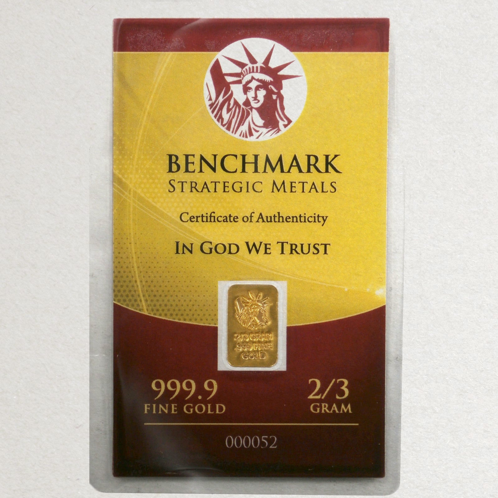 2/3 GRAM .999 FINE 24K GOLD BULLION BAR - IN COA CARD