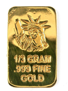 1/3 GRAM .999 FINE 24K GOLD BULLION BAR - IN COA CARD