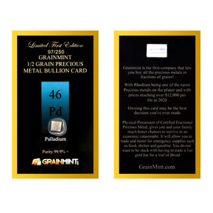 1/2 GRAIN 99.9% PURE PALLADIUM RAW BULLION BAR - IN COA CARD