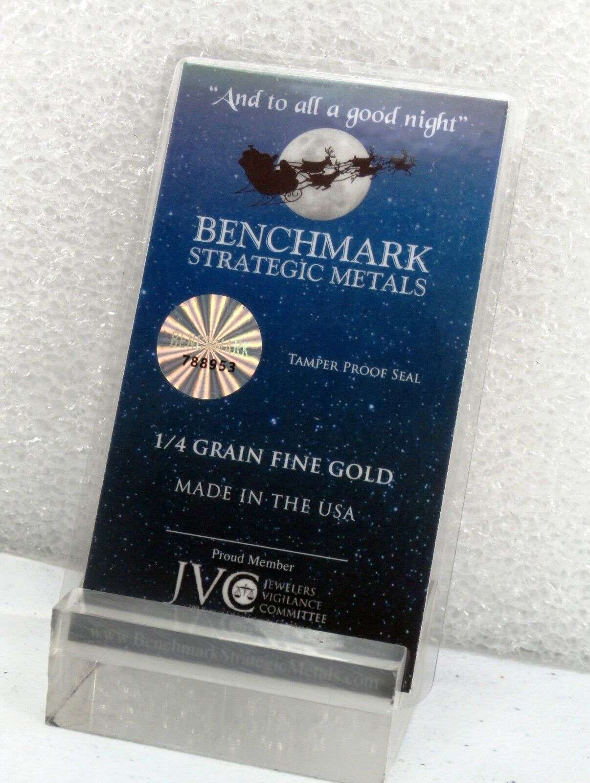 1/4 GRAIN .9999 FINE 24K GOLD BULLION BAR “MERRY CHRISTMAS GOLD SANTA” - IN COA CARD