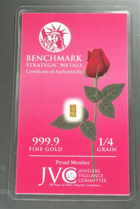 LOT 6 X 1/4 GRAIN .9999 FINE 24K GOLD BULLION BARS “HALF DOZEN ROSE WITH GOLD BARS” - IN COA CARD PINK