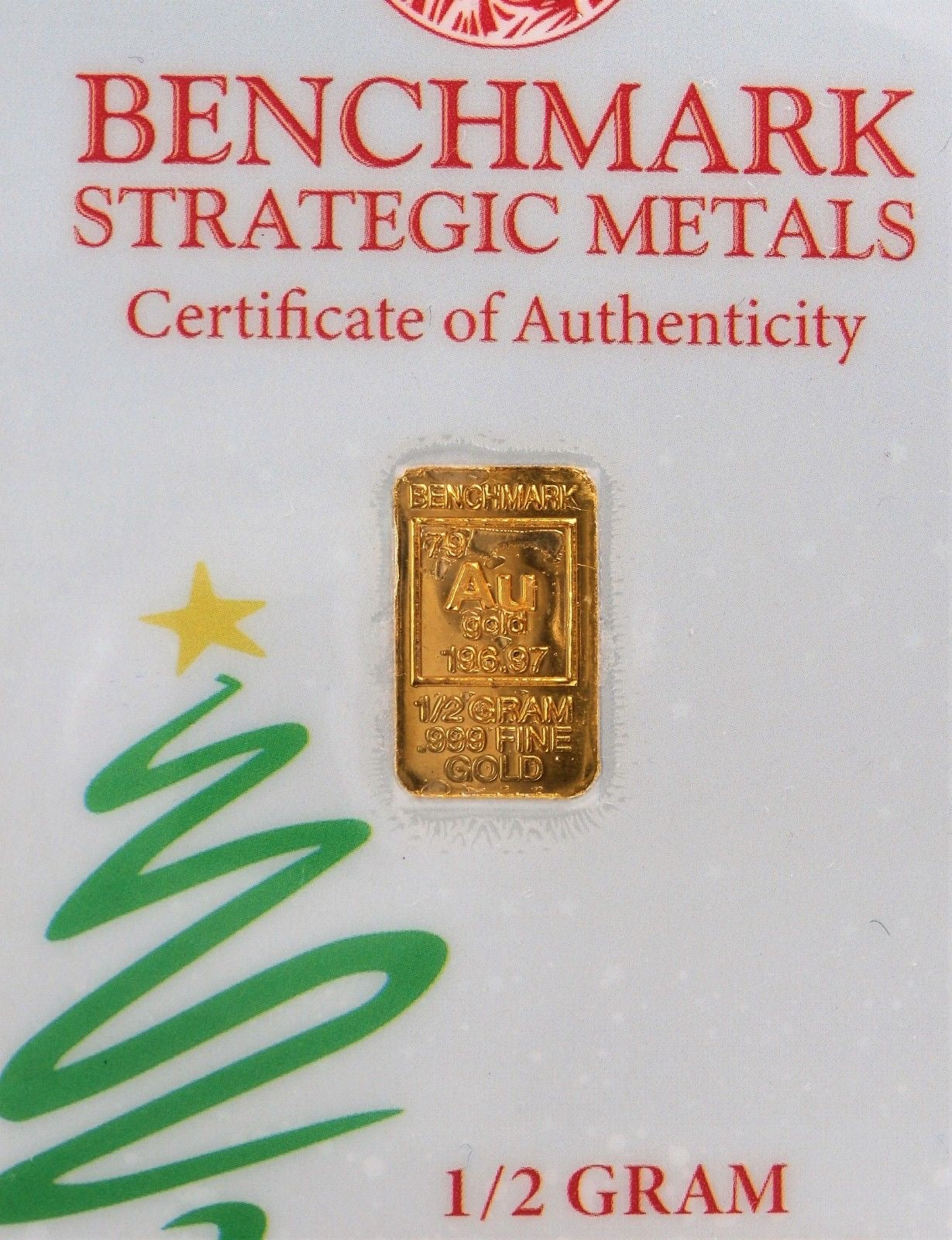 1/2 GRAM .999 FINE 24K GOLD “MERRY CHRISTMAS” BULLION BAR  - IN COA CARD