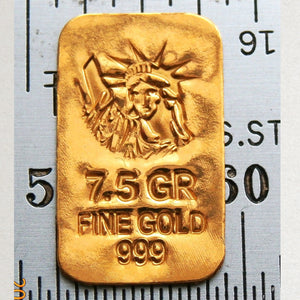 7.5 GRAIN .9999 FINE 24K GOLD BULLION BAR - IN COA CARD