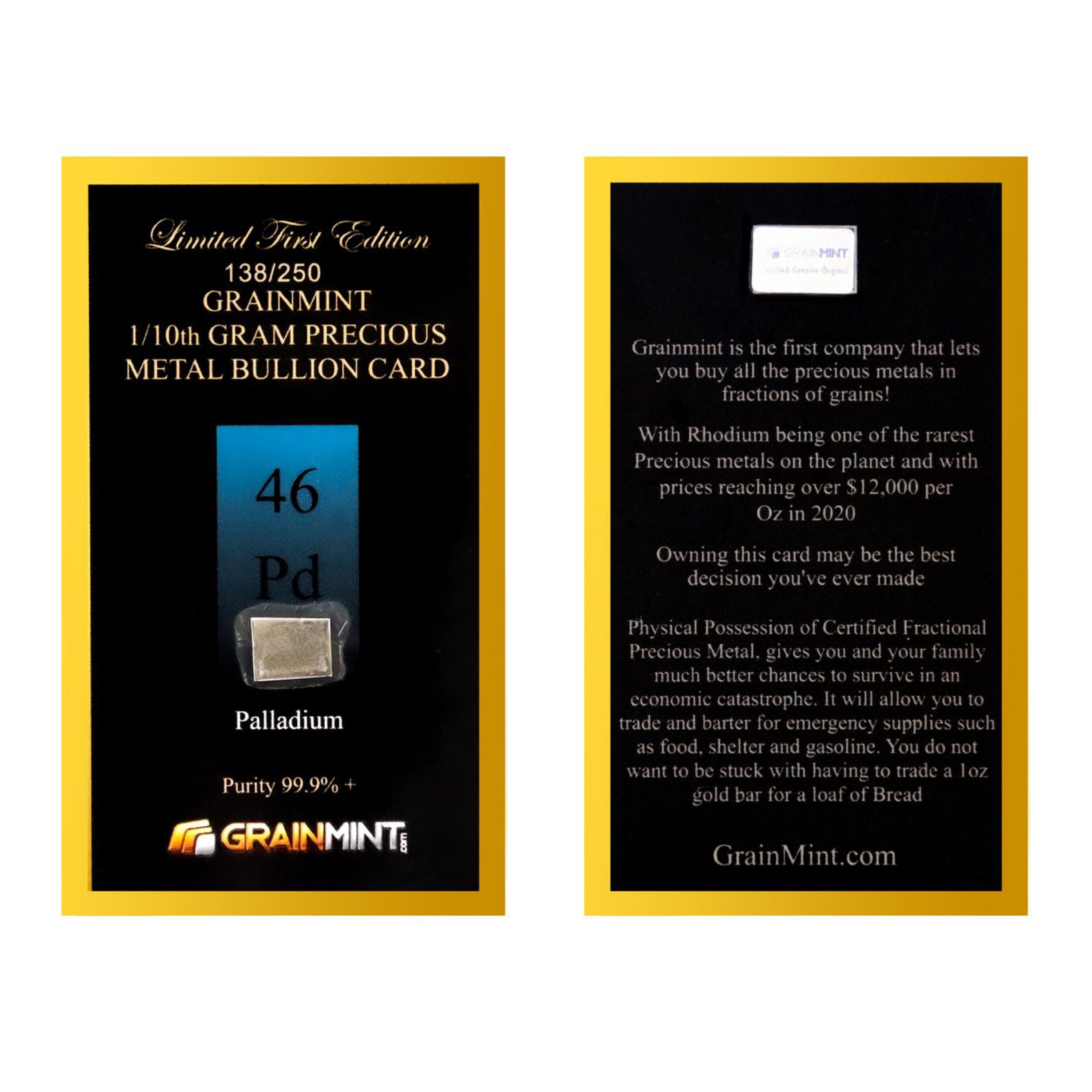 1/10 GRAM 99.9% PURE PALLADIUM RAW BULLION BAR - IN COA CARD