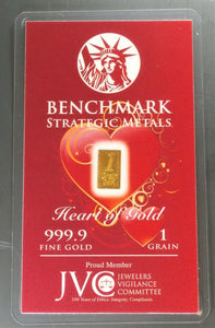 1/15 GRAM .9999 FINE 24K GOLD “HEART OF GOLD” BULLION BAR - IN COA CARD