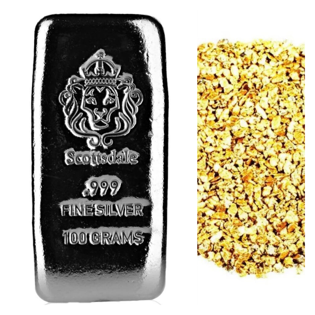 100 GRAM .999 SILVER SCOTTSDALE SILVER CAST BAR + 50 PIECE ALASKAN PURE GOLD NUGGETS - Liquidbullion