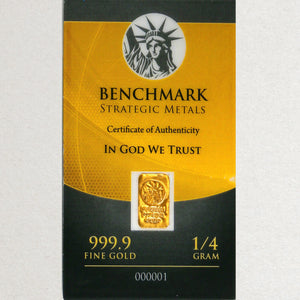 1/4 GRAM .999 FINE 24K GOLD BULLION BAR - IN COA CARD