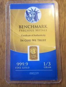 1/3 GRAM .999 FINE 24K GOLD BULLION BAR - IN COA CARD