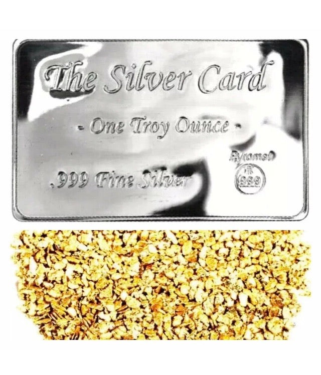 1 TROY OZ .999 SILVER PYROMET “THE SILVER CARD” + 10 PIECE ALASKAN YUKON BC PURE GOLD NUGGETS