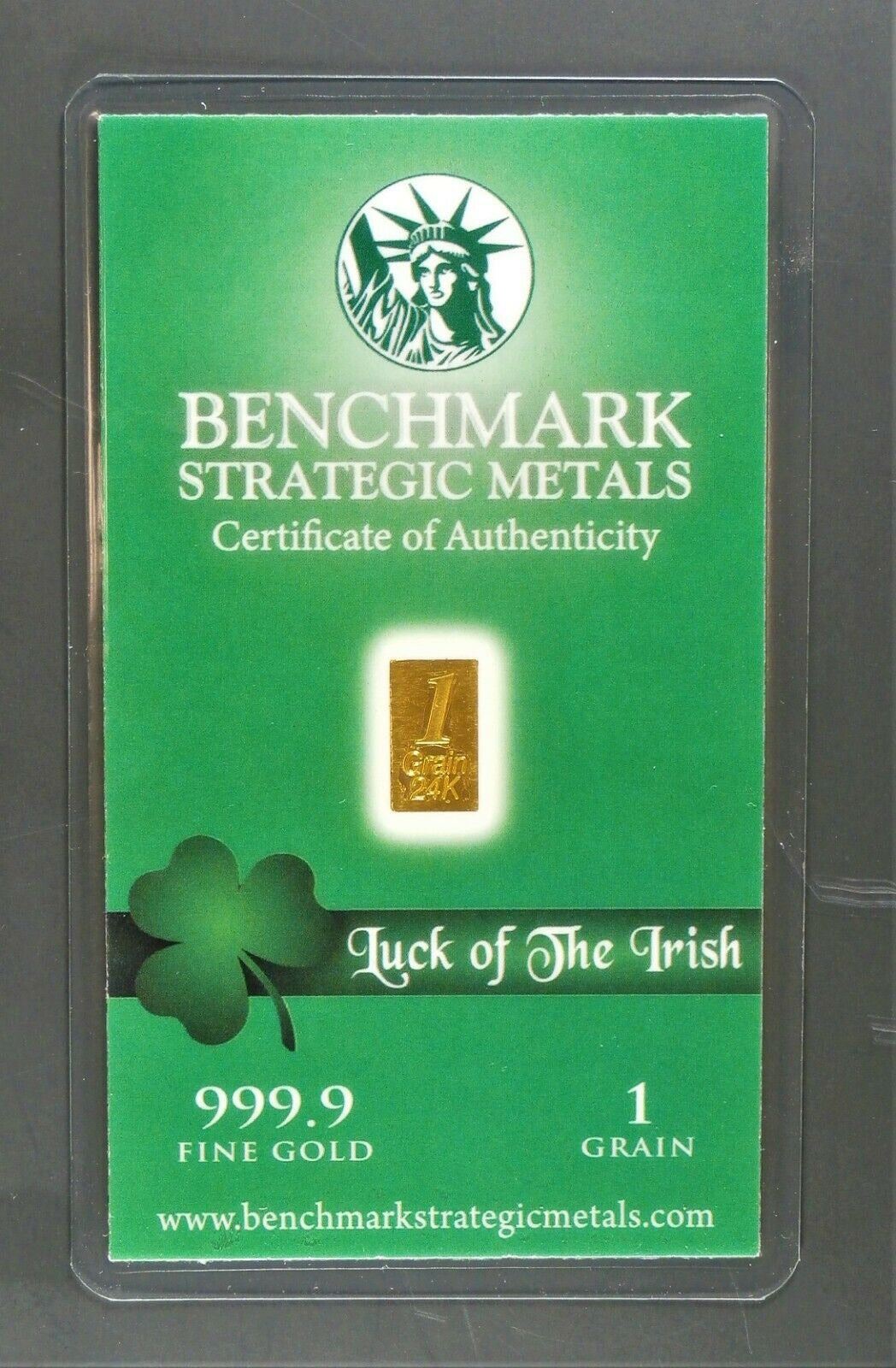1/15 GRAM .9999 FINE 24K GOLD “LUCK O’ THE IRISH” BULLION BAR - IN COA CARD