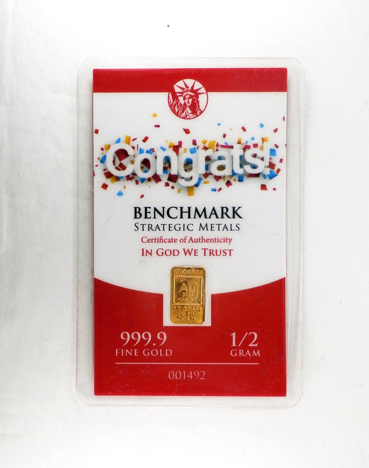 “CONGRATS” 1/2 GRAM .999 FINE 24K GOLD BULLION BAR - IN COA CARD