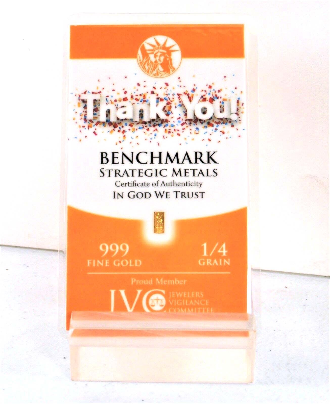 1/4 GRAIN .9999 FINE 24K GOLD BULLION BAR “THANK YOU” - IN COA CARD