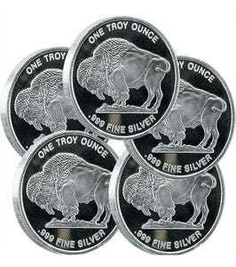 LOT 5 X 1 TROY OZ .999 FINE SILVER MASON MINT BUFFALO ROUNDS BU