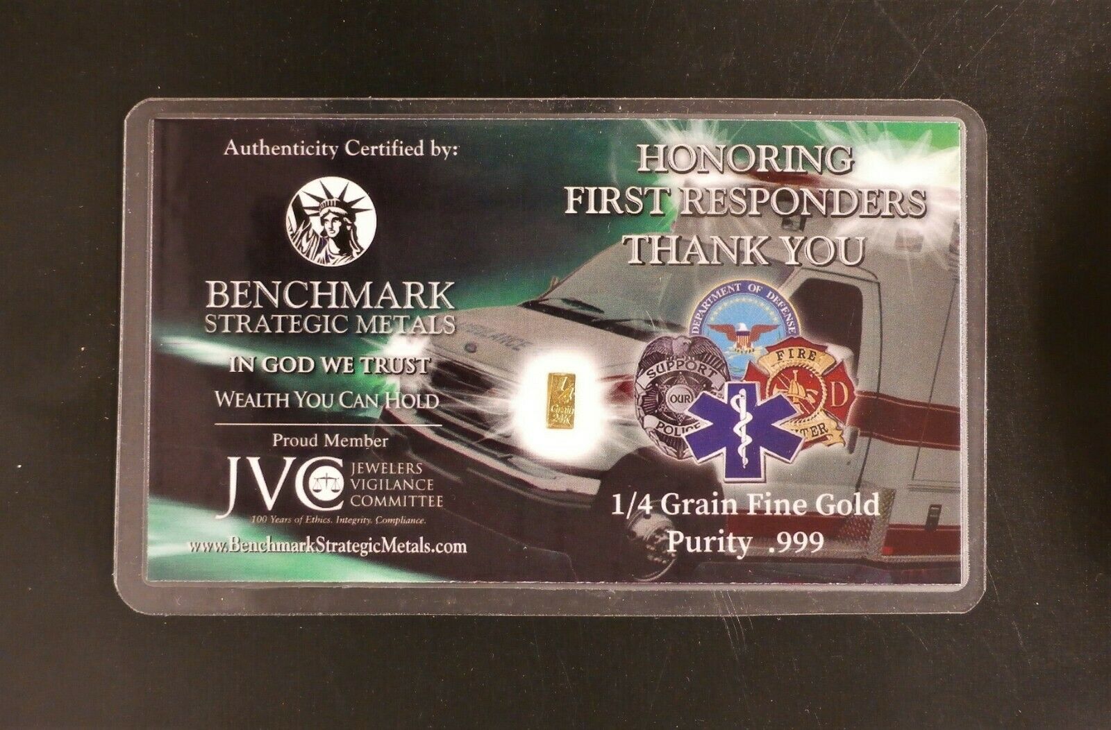 LOT 5 X 1/4 GRAIN .9999 FINE 24K GOLD BULLION BARS “FIRST RESPONDERS” - IN COA CARD