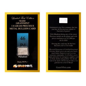 1/4 GRAM 99.9% PURE PALLADIUM RAW BULLION BAR - IN COA CARD