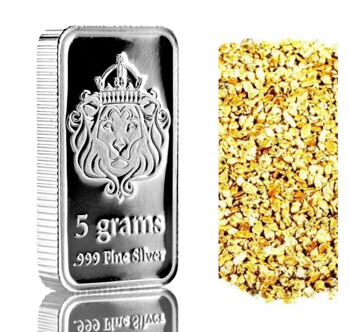 5 GRAM .999 SILVER SCOTTSDALE MINT BAR BU + 50 PIECE ALASKAN YUKON PURE GOLD NUGGETS