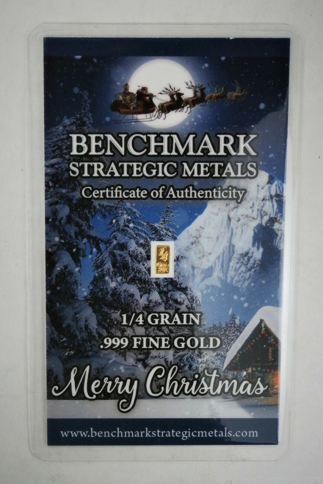1/4 GRAIN .9999 FINE 24K GOLD BULLION BAR “WINTER MOONLIGHT” CHRISTMAS BAR - IN COA CARD