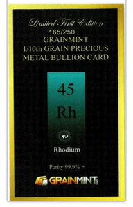 1/10 GRAIN 99.9% PURE RHODIUM CRYSTAL METAL - IN COA CARD