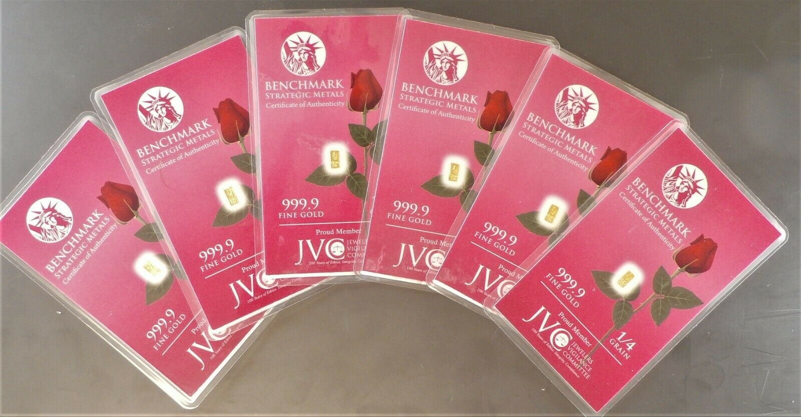 LOT 6 X 1/4 GRAIN .9999 FINE 24K GOLD BULLION BARS “HALF DOZEN ROSE WITH GOLD BARS” - IN COA CARD PINK