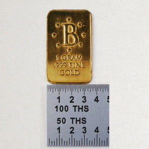 1 GRAM .999 FINE 24K GOLD BULLION “B” BAR - IN COA CARD