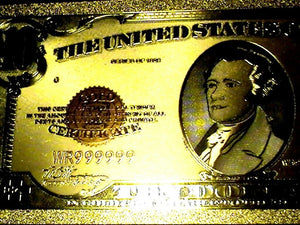 99.9% 24K GOLD 1928 $10 GOLD CERTIFICATE BILL US BANKNOTE IN PVC W COA