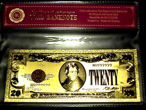 99.9% 24K GOLD 1928 $20 GOLD CERTIFICATE BILL US BANKNOTE IN PVC SLEEVE W COA