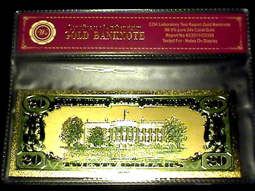 99.9% 24K GOLD 1928 $20 GOLD CERTIFICATE BILL US BANKNOTE IN PVC SLEEVE W COA