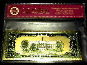 99.9% 24K GOLD 1928 $20 GOLD CERTIFICATE BILL US BANKNOTE IN PVC SLEEVE W COA