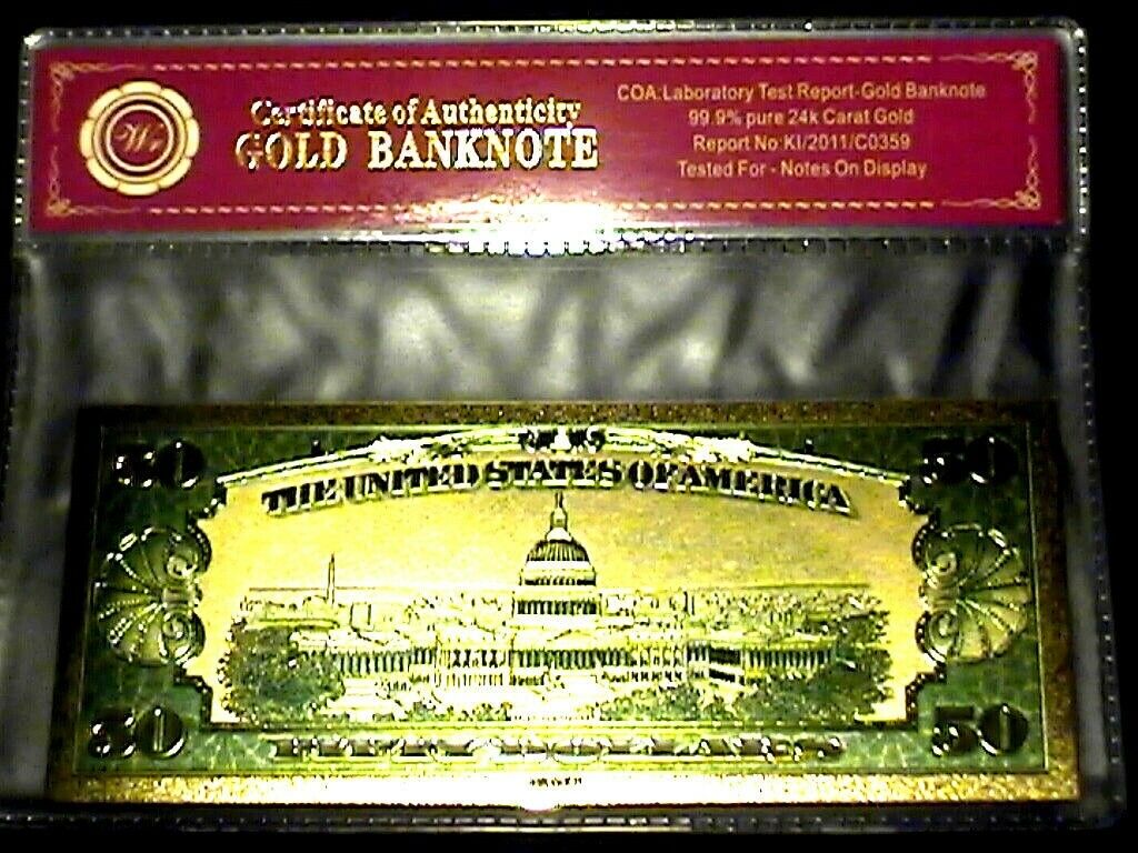 99.9% 24K GOLD 1928 $50 GOLD CERTIFICATE BILL US BANKNOTE IN PVC SLEEVE W COA