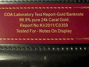 99.9% 24K GOLD 1875 $5 BILL US BANKNOTE IN PROTECTIVE SLEEVE W COA