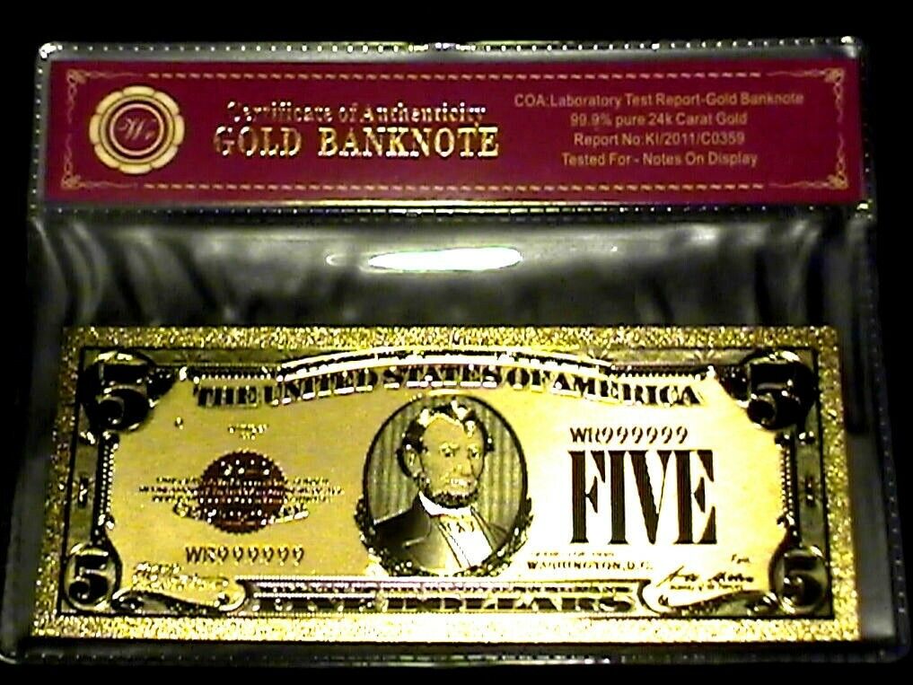 99.9% 24K GOLD 1928 $5 GOLD CERTIFICATE BILL US BANKNOTE IN PVC SLEEVE W COA