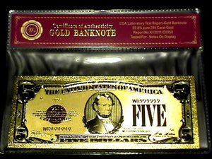 99.9% 24K GOLD 1928 $5 GOLD CERTIFICATE BILL US BANKNOTE IN PVC SLEEVE W COA
