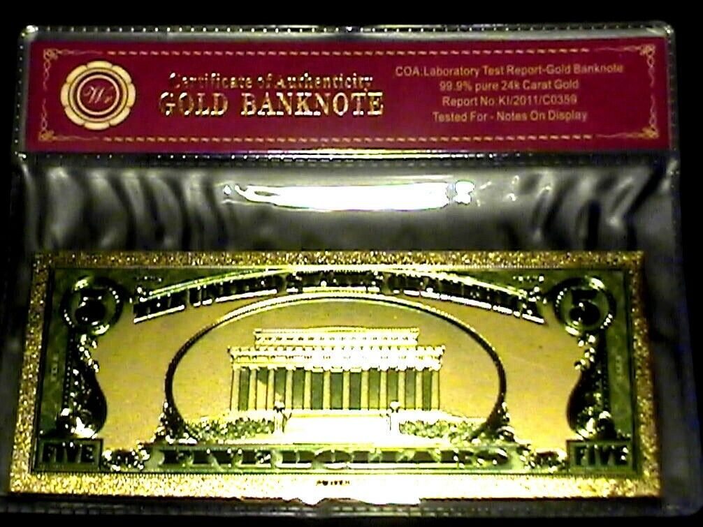 99.9% 24K GOLD 1928 $5 GOLD CERTIFICATE BILL US BANKNOTE IN PVC SLEEVE W COA